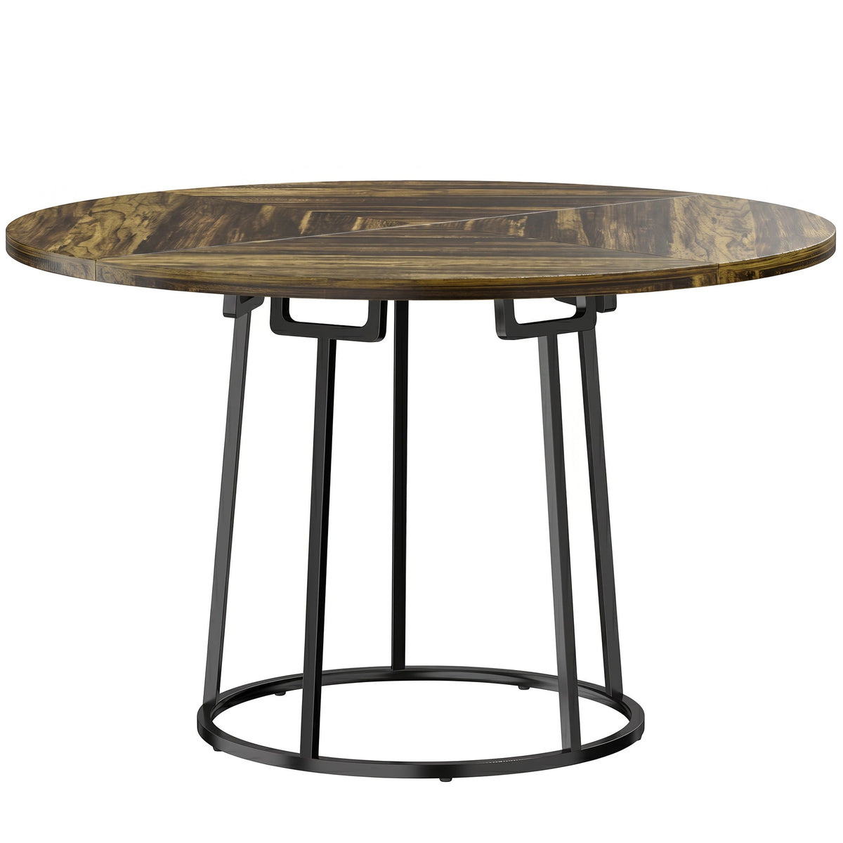 HOMCOM Dining Table with a round rustic brown spliced tabletop and a conical black metal base