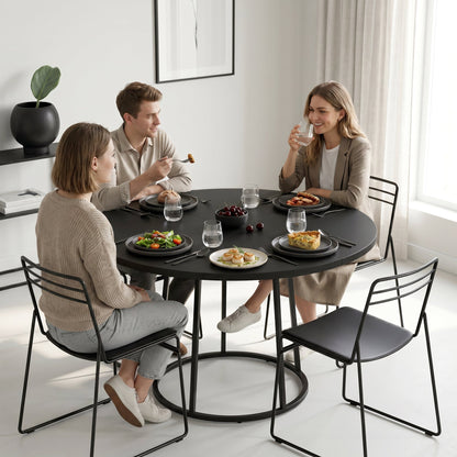 The dining furniture set in a bright room with three people eating a meal around the table