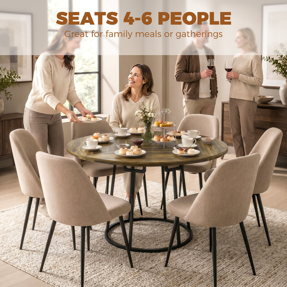 The dining table surrounded by six chairs with people enjoying a social gathering and food
