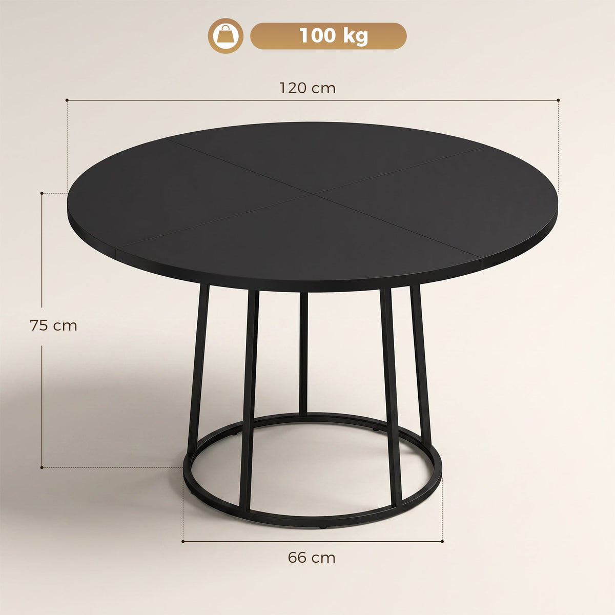 The dining furniture showing height and width dimensions with a weight capacity icon