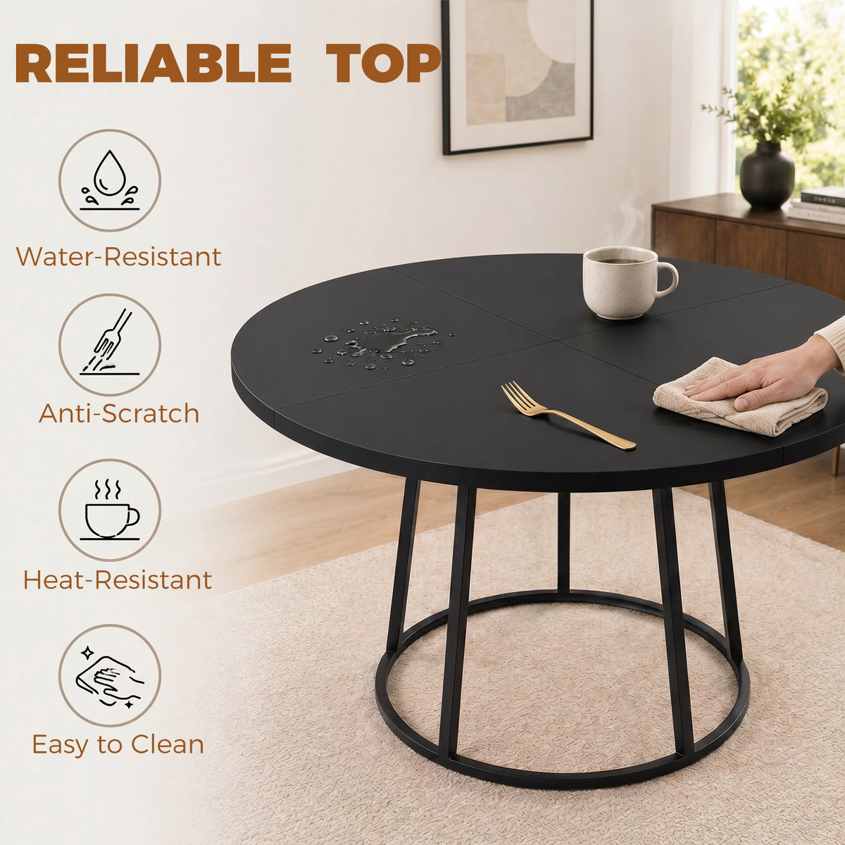 The dining furniture surface being wiped clean with icons showing its protective features