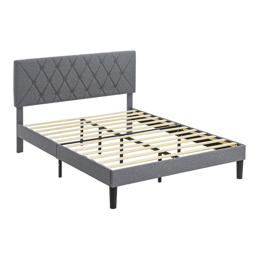HOMCOM Double Bed Frame upholstered in grey linen-feel fabric with a diamond tufted headboard