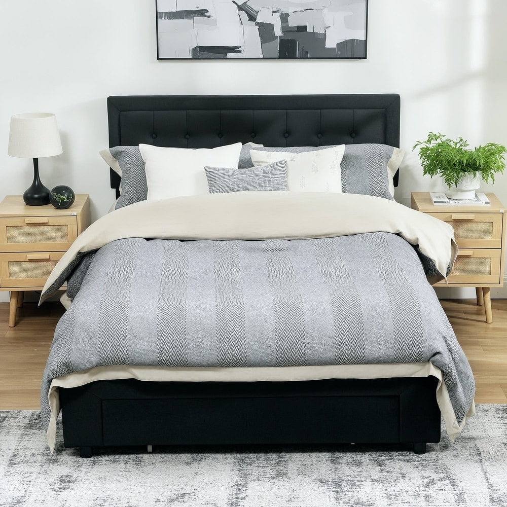 The double ottoman bed frame in a bedroom setting with bedding and bedside tables