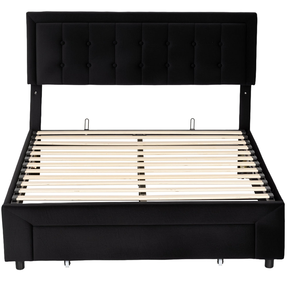 HOMCOM Double Ottoman Bed Frame with a black upholstered headboard and base, showing the slatted mattress support