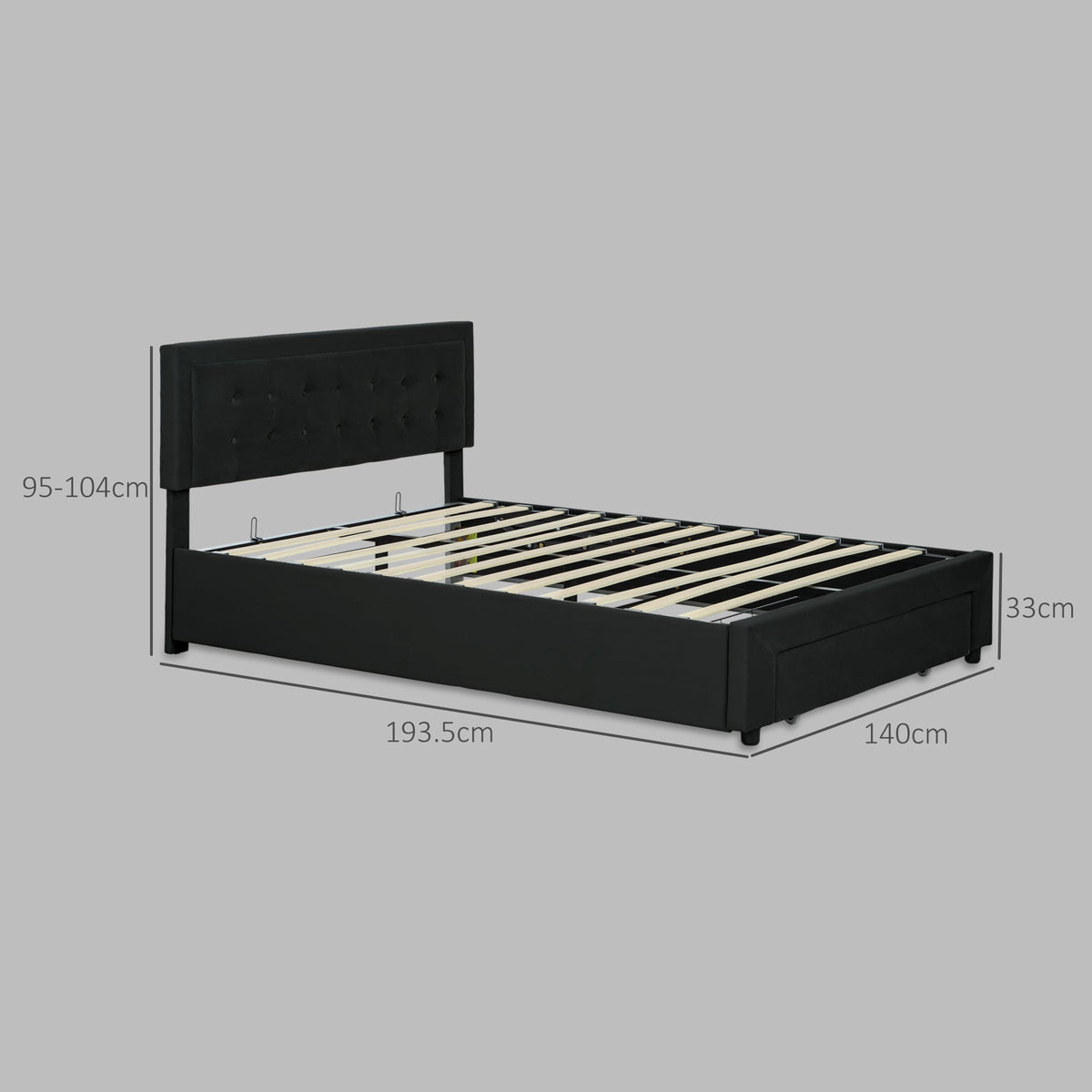 Black double ottoman bed frame with dimensions indicated for length, width and height