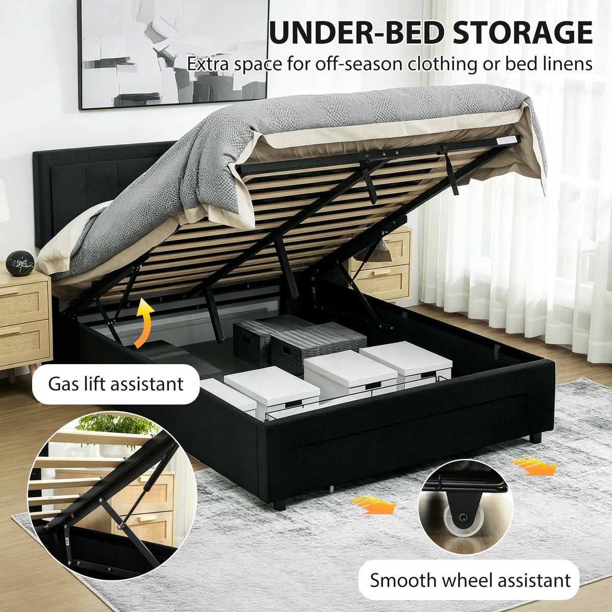 Under-bed storage revealed on the ottoman bed frame with gas lift assistance shown