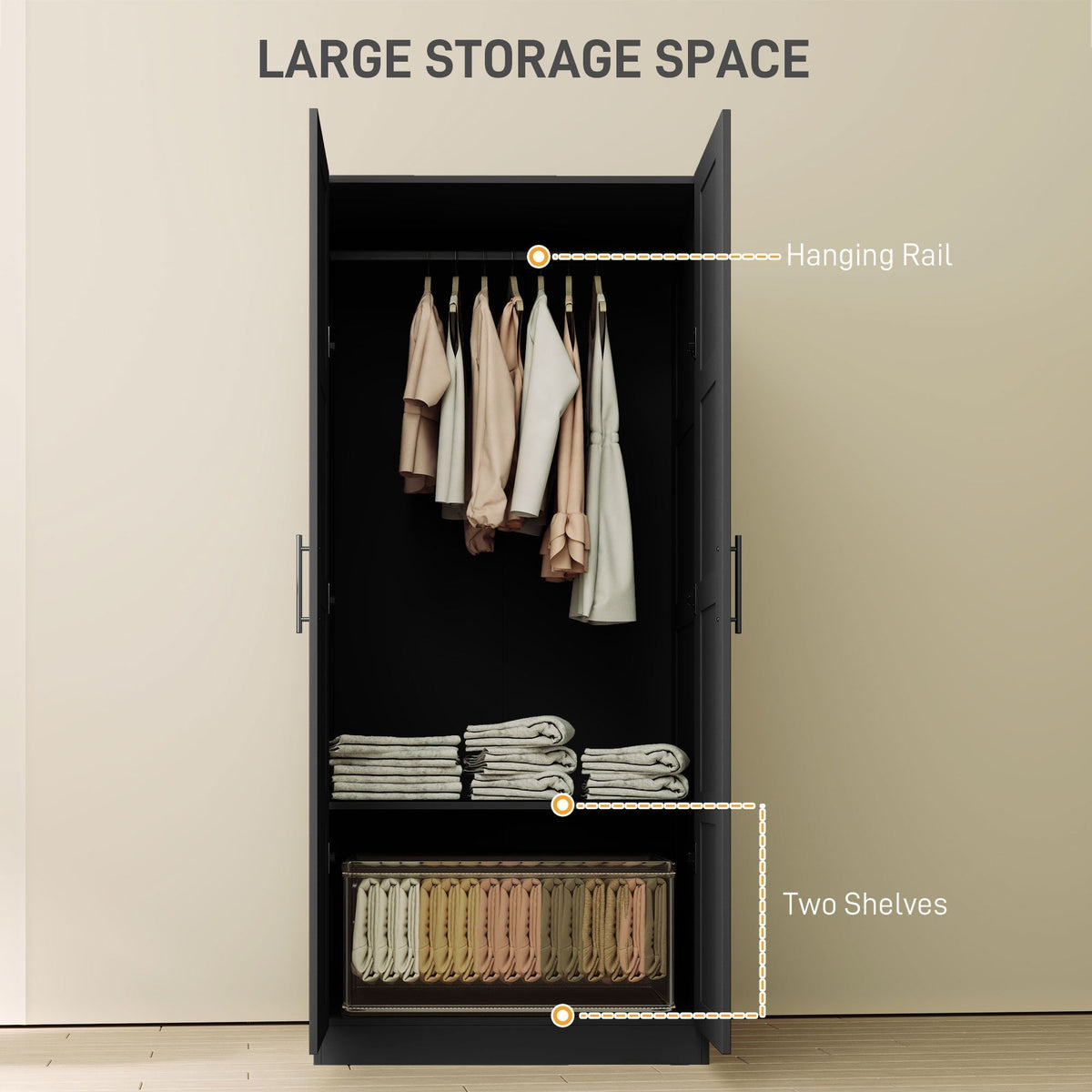 Inside the black double door wardrobe showing hanging space and shelves
