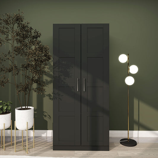 Black double door wardrobe in a room with plants and a lamp