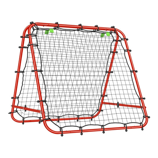 HOMCOM Double Sided Football Rebounder Net, a red metal frame with a black net, shown from the front