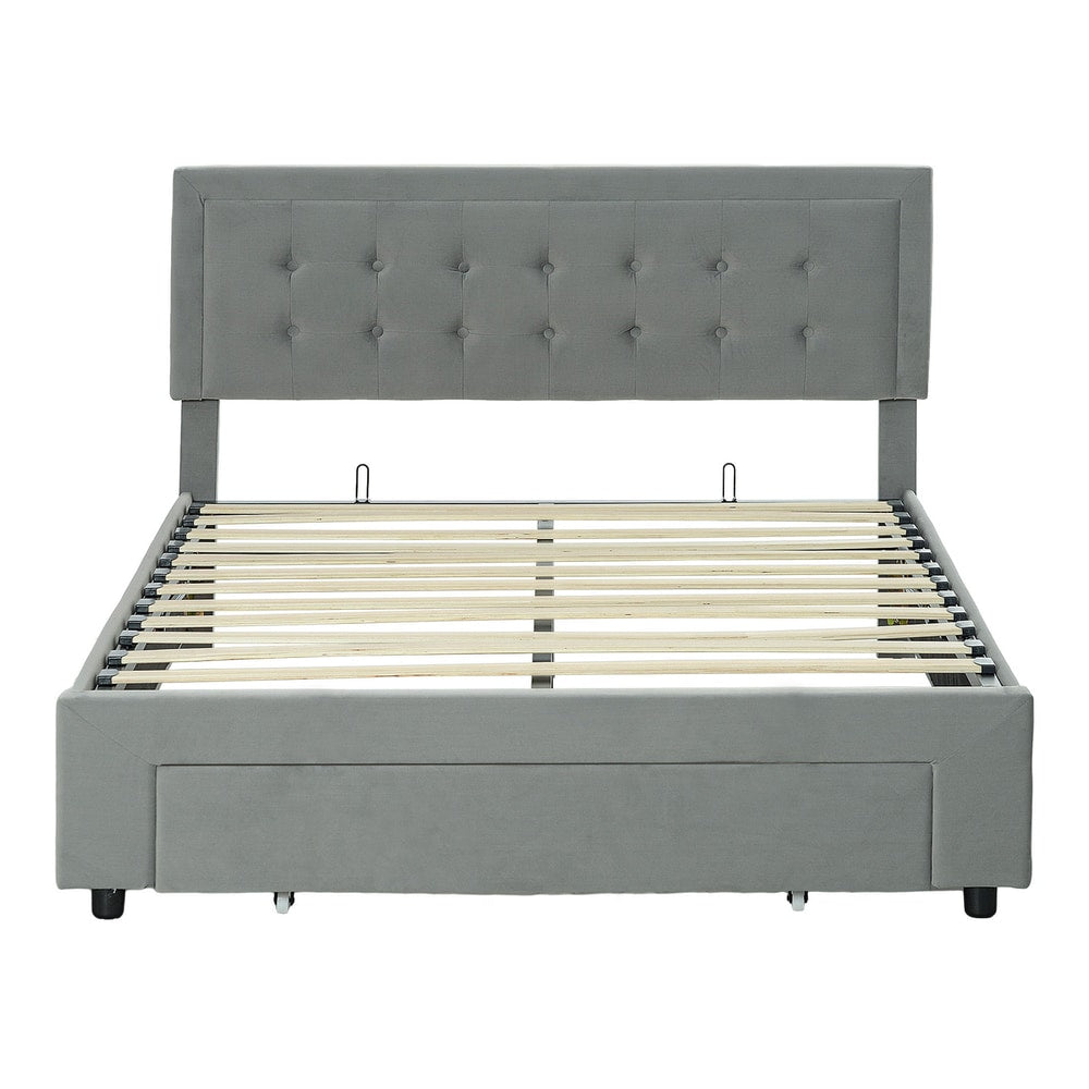 HOMCOM Double Size Ottoman Bed Frame with Front Drawer showing the button tufted headboard and slats