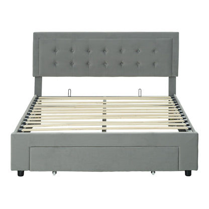 HOMCOM Double Size Ottoman Bed Frame with Front Drawer showing the button tufted headboard and slats