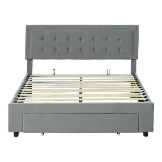 HOMCOM Double Size Ottoman Bed Frame with Front Drawer showing the button tufted headboard and slats