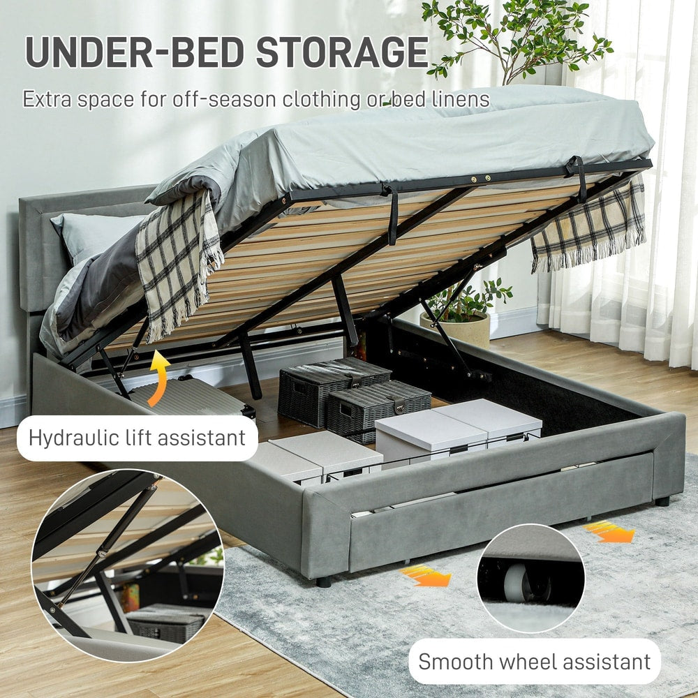 The bed frame showing the internal storage space with hydraulic lift and smooth wheels
