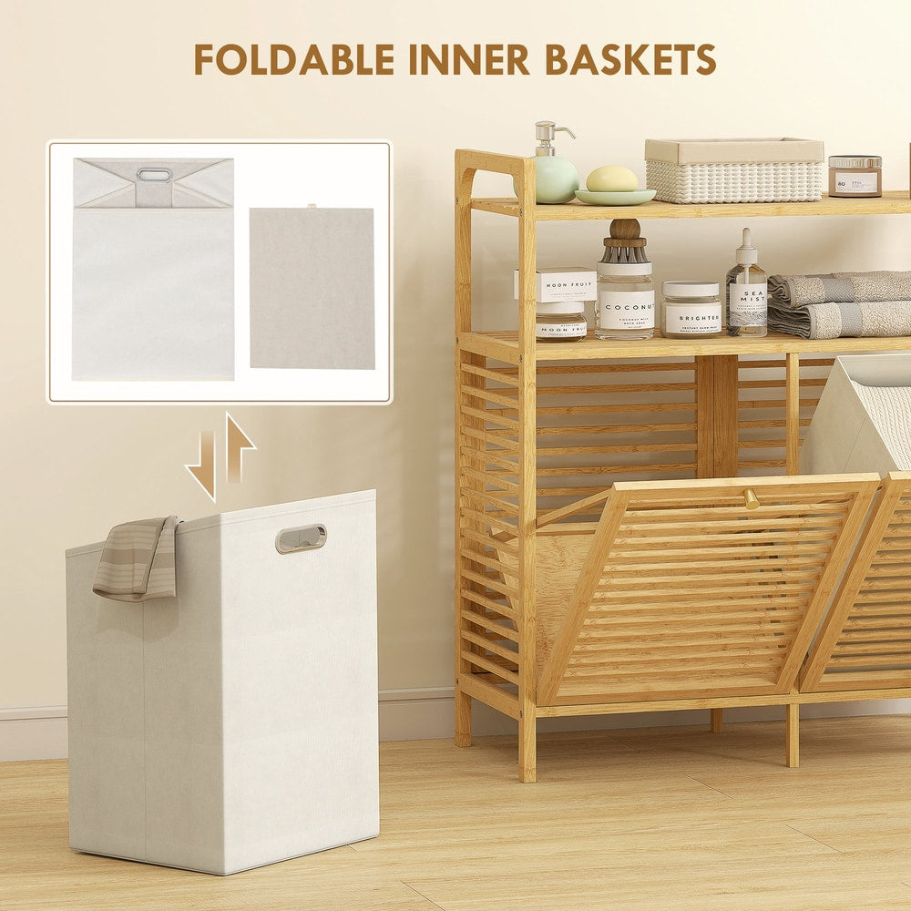 Foldable inner baskets of the bamboo laundry cabinet, one shown in use