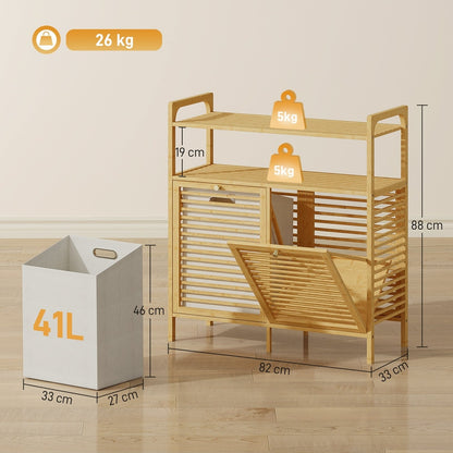 A size diagram of the bamboo laundry cabinet showing dimensions and capacity