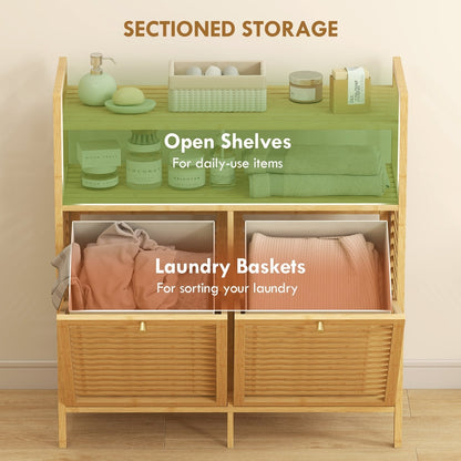 Sectioned storage of the cabinet, showing open shelves for daily items and laundry baskets for sorting