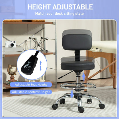 Close up of the height adjustment levers for the seat and footrest on the office stool