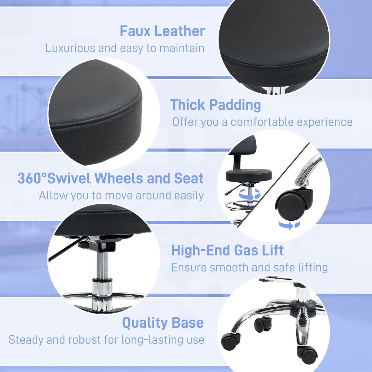 Close up of the features of the black office stool including wheels and gas lift