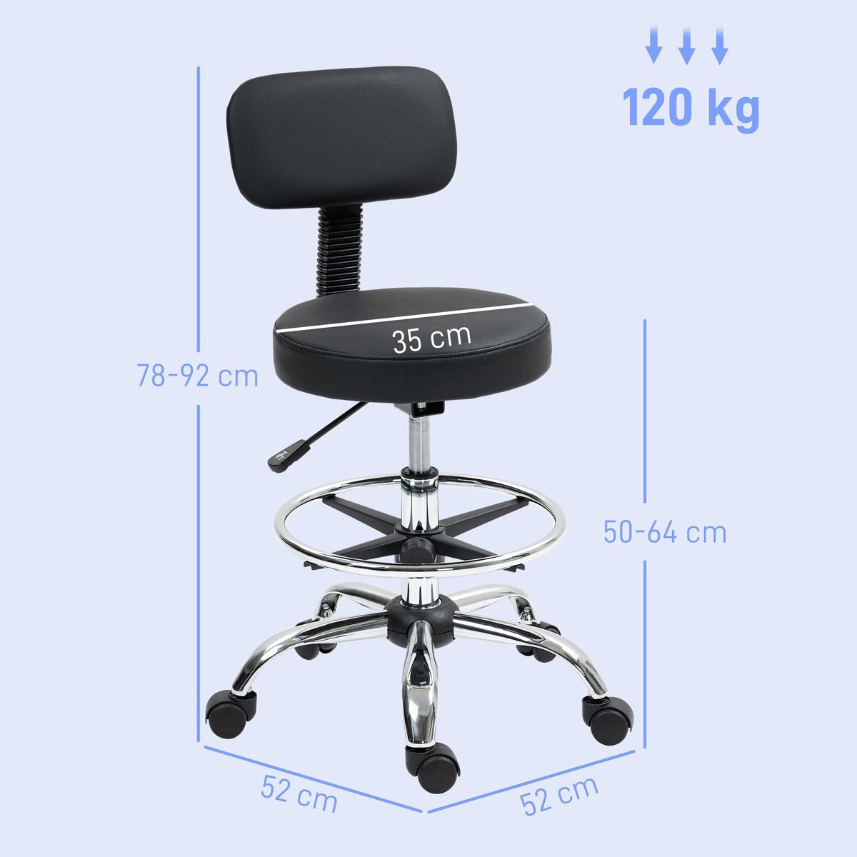A size diagram of the black office stool with dimensions indicated