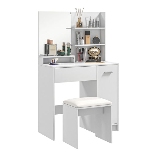 HOMCOM Dressing Table and Stool Set with storage in white, featuring a mirror and shelves