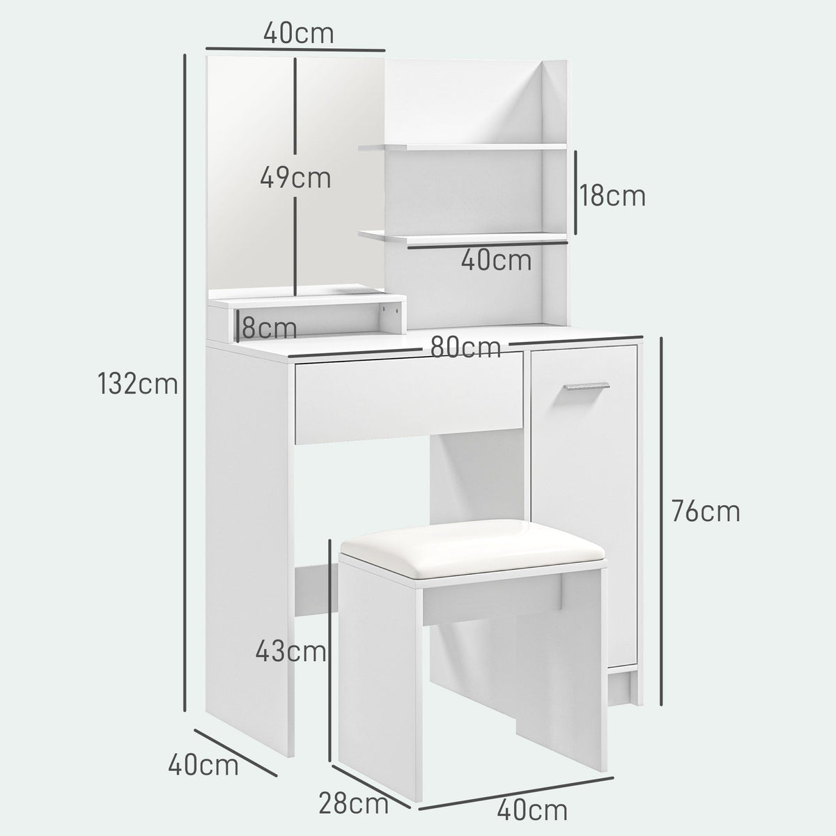 White dressing table and stool set with dimensions clearly marked on the diagram