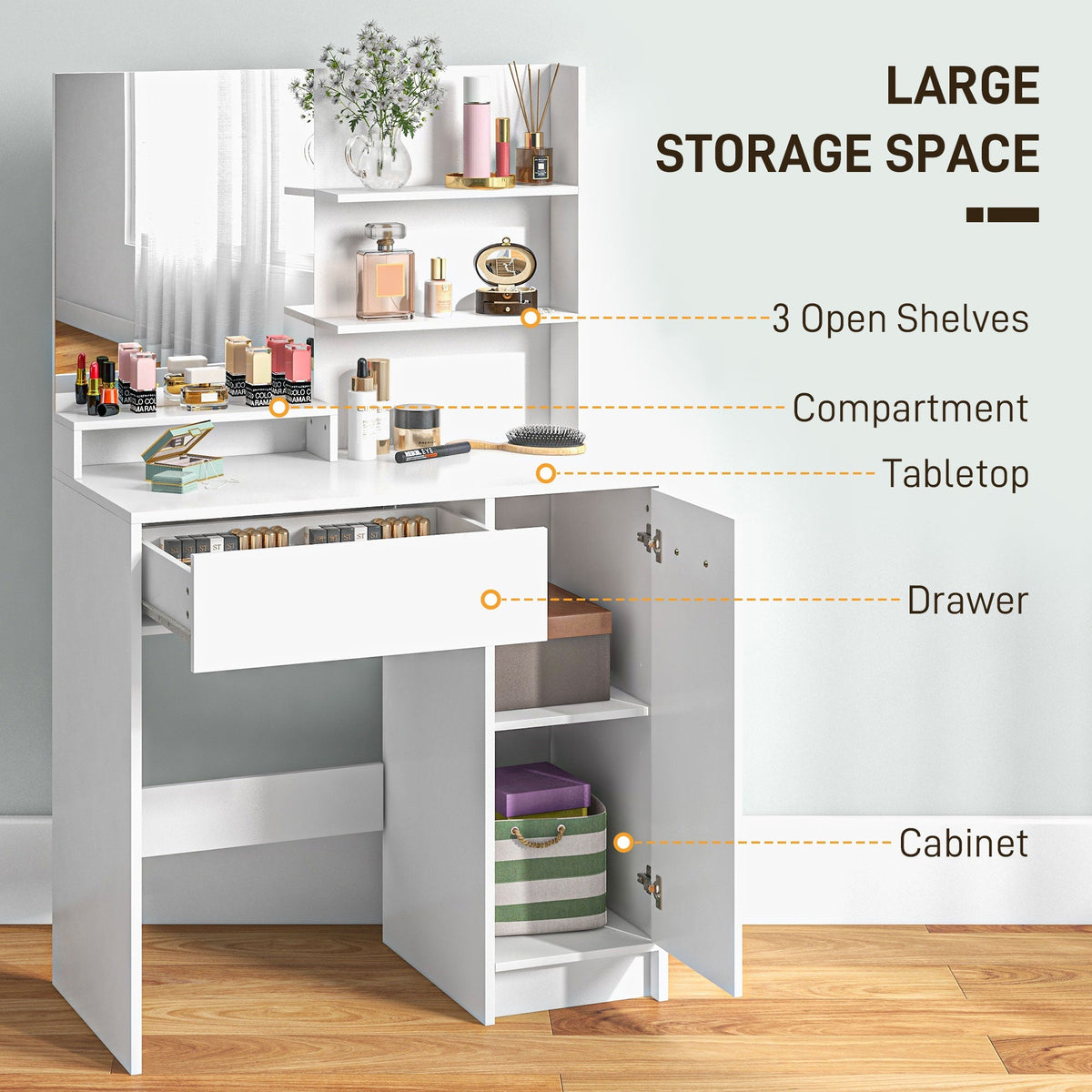 White dressing table and stool set with open cabinet and drawer, highlighting storage space