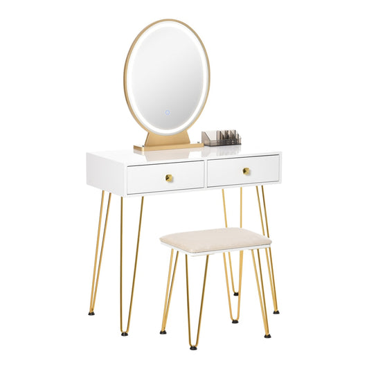 HOMCOM Dressing Table Set with LED Light featuring a round mirror, two drawers and a cushioned stool
