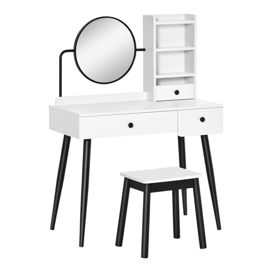 HOMCOM Dressing Table Set with Mirror and Stool, a white vanity table with black legs and a round mirror
