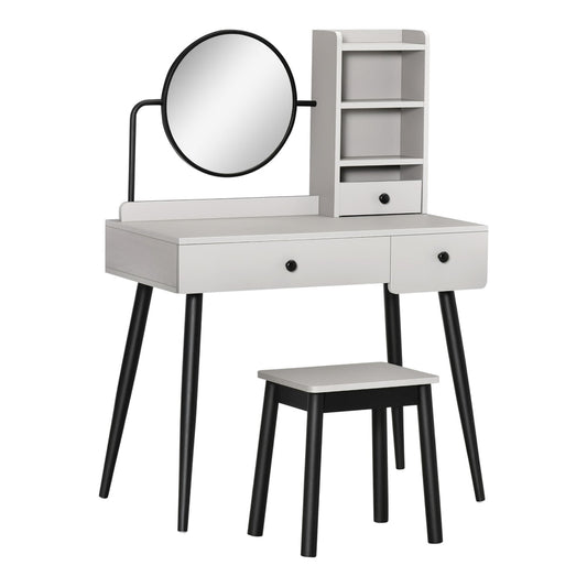 HOMCOM Dressing Table Set with Mirror and Stool, a grey vanity table with a round mirror and a matching stool