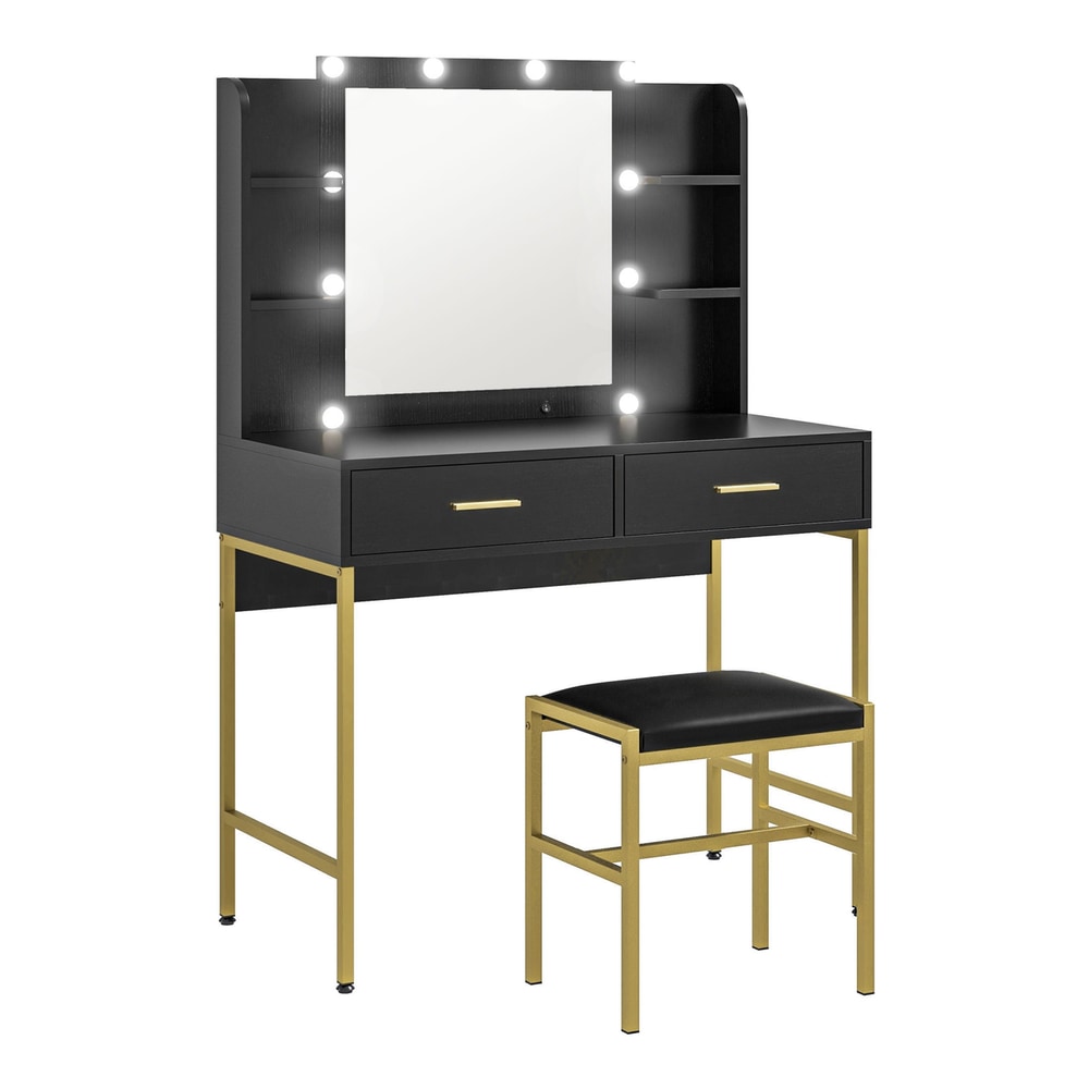 HOMCOM Dressing Table Set with a black finish, gold legs, illuminated mirror and matching stool