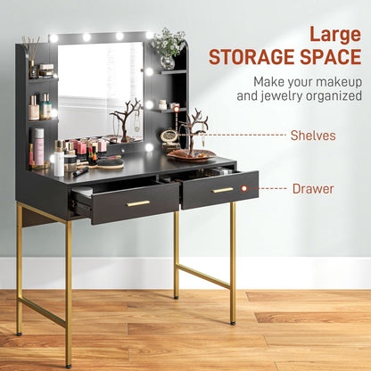 The dressing table with open drawers and shelves filled with various beauty accessories