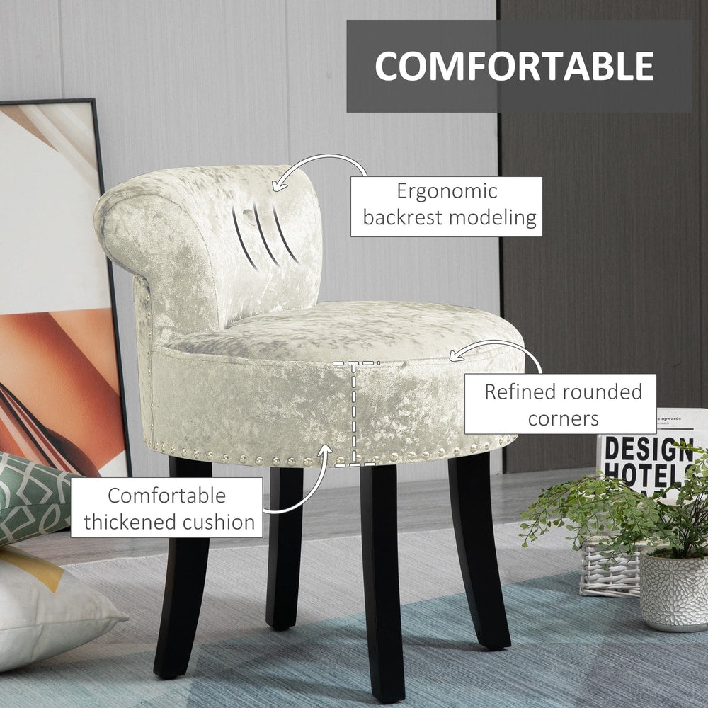 The dressing table stool with text highlighting its comfortable cushion and ergonomic backrest