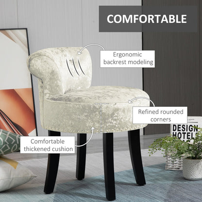 The dressing table stool with text highlighting its comfortable cushion and ergonomic backrest