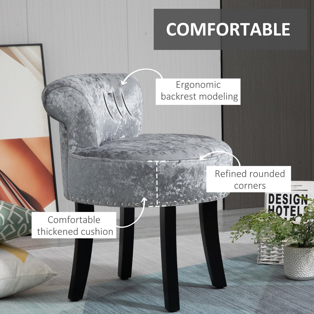 The vanity stool with text labels highlighting the comfortable cushion and backrest