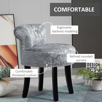 The vanity stool with text labels highlighting the comfortable cushion and backrest