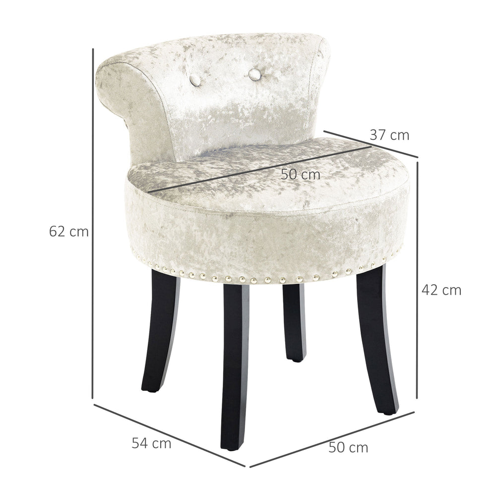 A beige ice velvet vanity stool with dimensions shown for height, width and depth