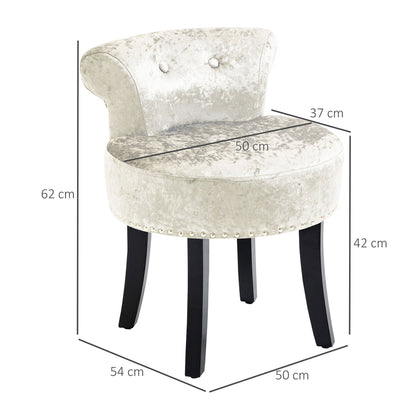 A beige ice velvet vanity stool with dimensions shown for height, width and depth