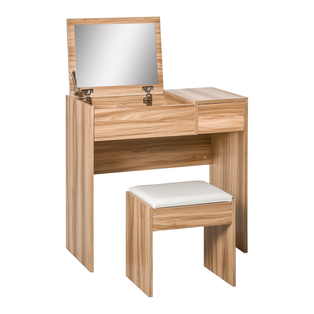 HOMCOM Dressing Table with Flip-Up Mirror and Cushioned Stool, a natural wood effect vanity desk with a stool