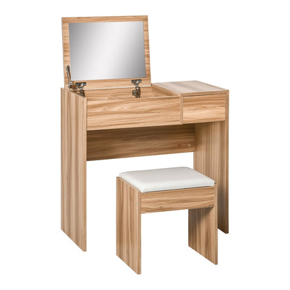 HOMCOM Dressing Table with Flip-Up Mirror and Cushioned Stool, a natural wood effect vanity desk with a stool