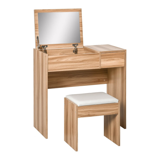 HOMCOM Dressing Table with Flip-Up Mirror and Cushioned Stool, a natural wood effect vanity desk with a stool