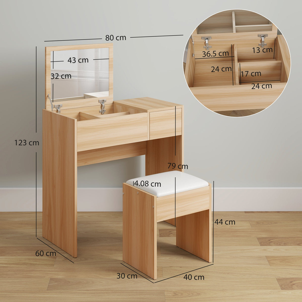 A dressing table with a flip-up mirror and cushioned stool, showing dimensions for the desk and stool