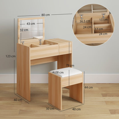A dressing table with a flip-up mirror and cushioned stool, showing dimensions for the desk and stool