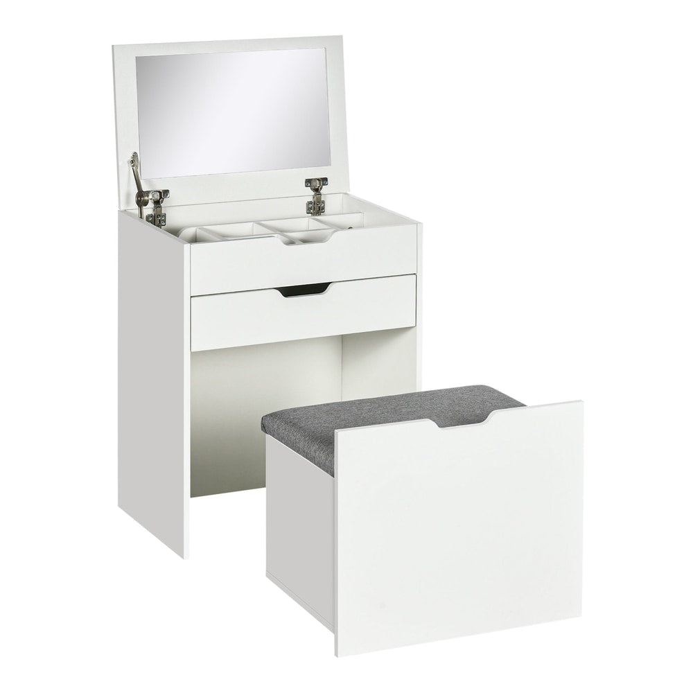 HOMCOM Dressing Table with Flip-up Mirror and Storage Stool, a white vanity table with a grey upholstered stool
