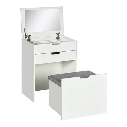 HOMCOM Dressing Table with Flip-up Mirror and Storage Stool, a white vanity table with a grey upholstered stool