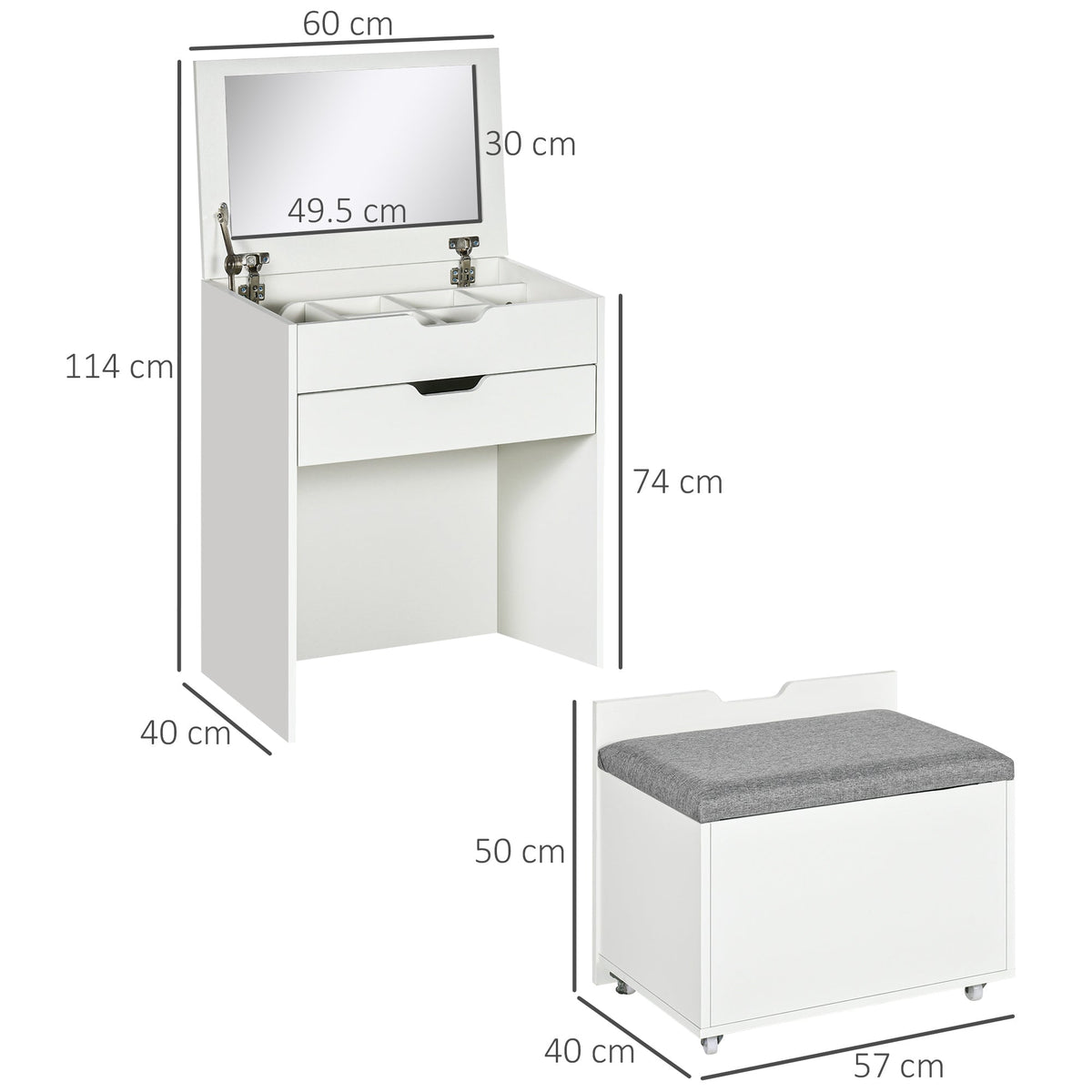 This dressing table with flip-up mirror and storage stool has dimensions shown in centimetres
