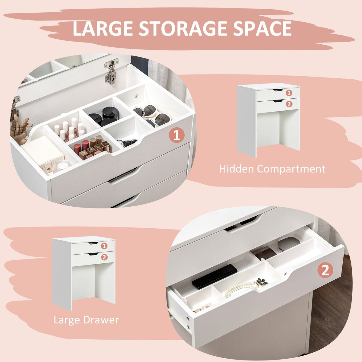 The white dressing table shows its large drawer and hidden storage compartments