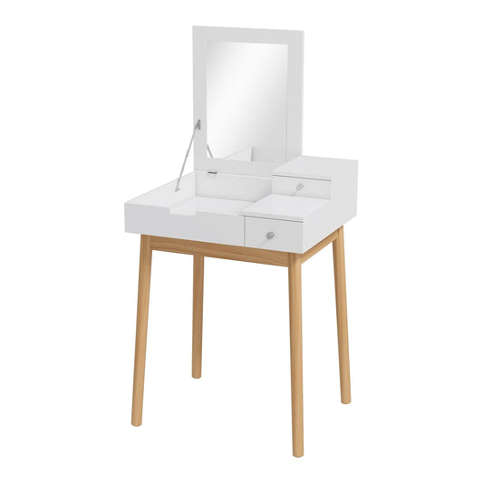 HOMCOM Dressing Table with Flip-up Mirror shown in white with light wood legs on a plain background