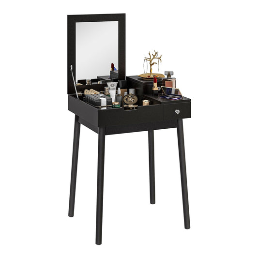 HOMCOM Dressing Table with Flip-up Mirror, a black vanity desk with a mirror and makeup on top