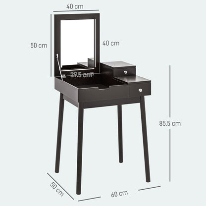 A diagram showing the dimensions of the black dressing table with flip-up mirror