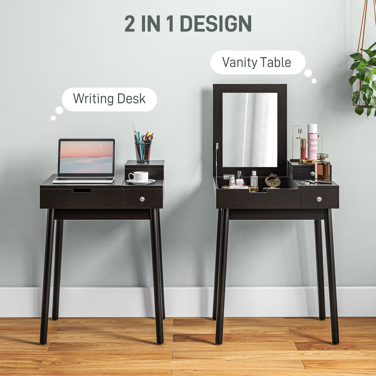 The dressing table shown as a writing desk and a vanity table